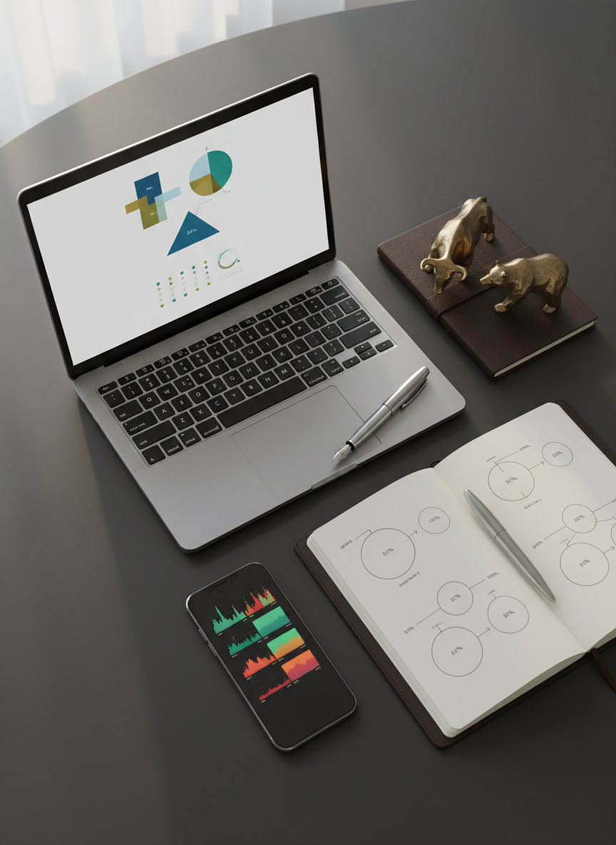 An overhead photographic view of a carefully arranged investment strategy workspace on a matte charcoal table. A high-end metal laptop shows a clean, text-free dashboard of geometric financial indicators, beside a leather-bound notebook opened to minimalist hand-drawn asset allocation diagrams. A refined fountain pen, a slim smartphone with an abstract market heatmap, and a small, sculptural brass bull and bear figurine suggest market dynamics and risk management. Soft morning light from an unseen window grazes across the surfaces, creating gentle highlights on metal edges and subtle shadows. The mood is analytical yet composed, with a clean, modern aesthetic that conveys meticulous portfolio advisory and long-term planning, no people or lettering in view.
