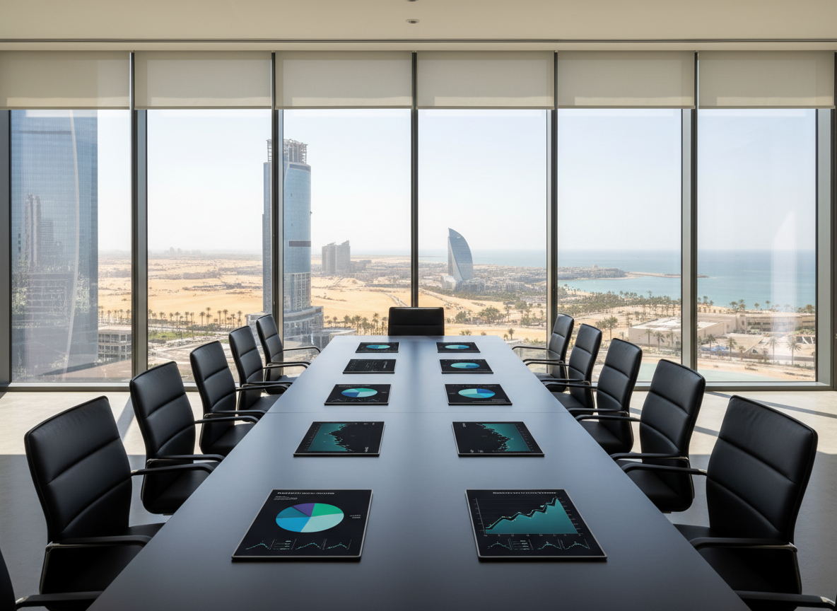 A panoramic, photographic interior of a minimalist conference room in a premium UAE office tower, with floor-to-ceiling windows framing a sunlit view of a desert-meets-city skyline and distant palm-lined coast. A long, matte black table is lined with evenly spaced, empty high-back chairs, and in the center rests a set of digital tablets displaying clean, text-free portfolio allocation pie charts and risk-return scatterplots. Bright natural daylight floods the room, softened by sheer blinds, creating crisp reflections on the polished floor. Shot from a slightly low angle, the composition highlights the expansive view and structured layout, conveying disciplined advisory discussions, transparency, and institutional-level professionalism without any human presence.